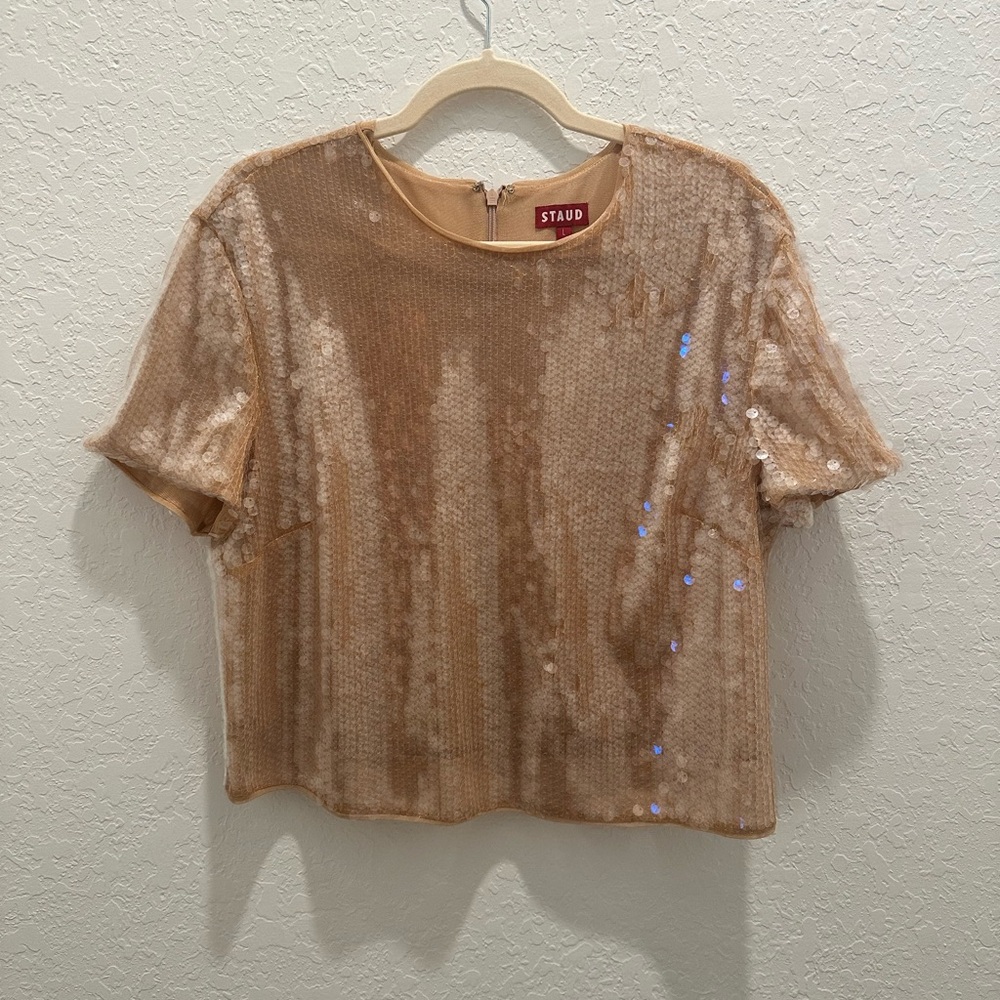 STAUD Sequin Short Sleeve Top in Tan